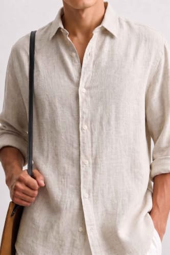 Image of Natural Men's Linen Blend Shirt Slim Fit Solid Casual