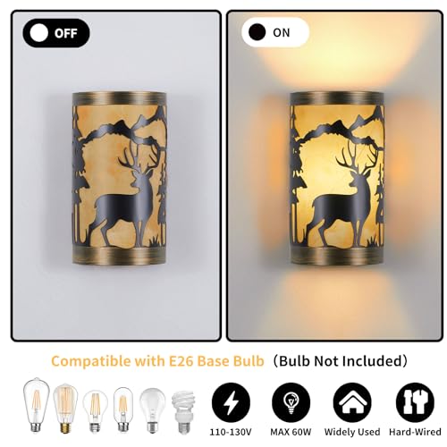 Image of Rustic Wall Sconces Deer Metal Lamp, Black and Gold Farmhouse Wall Light Fixture with Shade, E26 Base Vintage Industrial Lighting for Bedroom, Living Room, or Lodge Cabin (Bulb not Included)