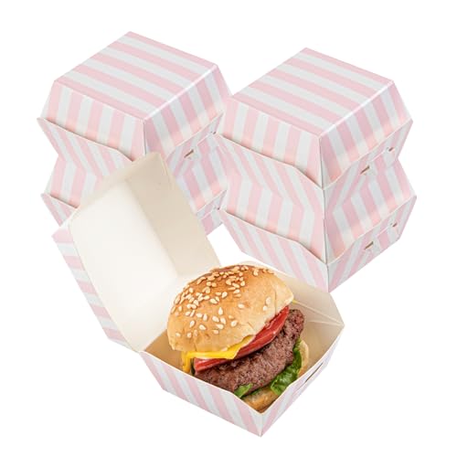 Restaurantware 2.5 x 2.5 x 2 Inch Mini Burger Boxes 100 Clamshell Food Containers - Hinged Lid Striped Pink And White Paper Take Out Boxes Serve Sliders Or Finger Foods by Restaurantware - Used condition - US$39.39