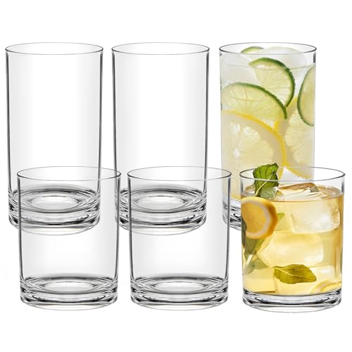 RÉΑLWÁY Acrylic Drinking Glasses Set of 6 - Clear Unbreakable Plastic Cups Reusable for Kitchen, Poolside & Patio - Shatterproof, Dishwasher-Safe, BPA-Free - 12oz & 17oz Highball Tumblers