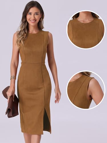 Allegra K Faux Suede Dresses for Women's Sleeveless Crewneck Split Hem Work Office Sheath Dress2