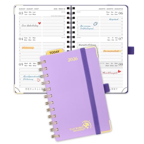 POPRUN Agenda Settimanale 2026 Piccola Spirale 16 x 10,5 cm, Copertina Rigida, Agenda 2026 Tascabile con Angolo di Protezione in Oro, Carta Spessa da 100 GSM, Viola Chiaro