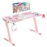 mesa para escritorio rosa e branca Diseñado para jugadores: el escritorio de computadora para juegos proporciona gancho para auriculares y portavasos, fácil de llevar, fácil de almacenar cuando no se utiliza taza de agua ni auriculares, no ocupa espacio en el escritorio. Dos ojales de gestión de cables que mantienen esos cables agradables y ordenados. Un escritorio limpio puede hacerte feliz, especialmente para esos largos días y noches de juego.