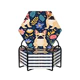 Französische Bulldoggen-Untersetzer mit Blumenmuster, 6er-Set mit Halter, rutschfeste Rückseite, Tischplattenschutz, Kaffeebar-Accessoires, Einweihung, Küchendekoration für Neue