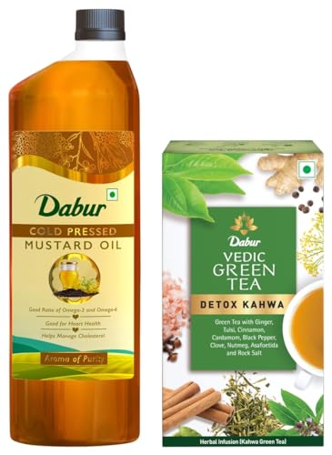 Image of Dabur Cold Pressed Mustard Oil 1L & Dabur Vedic Detox Kahwa Green Tea - 25 Teabags