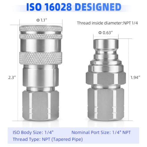 Image of 1 /4'' NPT Flat Face Hydraulic Quick Connect Couplers /Couplings Set w /Dust Caps ISO 16028 Standard, Skid Steer Bobcat 1 /4 Body Quick Disconnect 2Set
