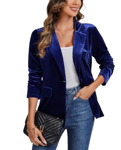 LADI TREND Women's Velvet Suit Jacket Partial Lined Office Work Blazers Dressy Long Sleeve Button Pockets Velvet Party Jackets *Royal Blue,Size M*