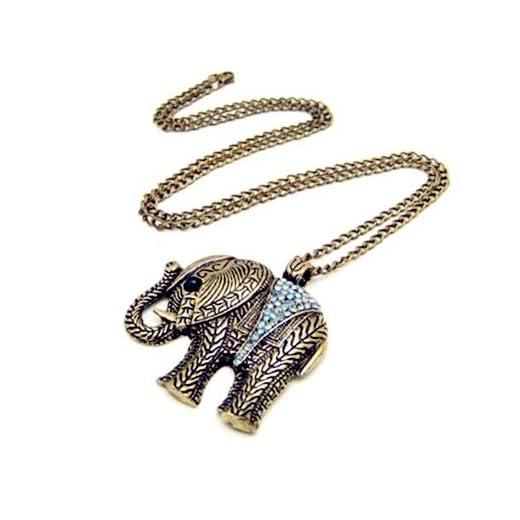 TOOGOO(R) Collar Largo Bronce Colgante de Elefante con Cristal Transparente Estilo Antiguo