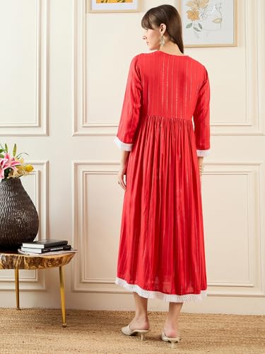 Image of INDO ERA Women's Red Viscose Rayon Embroidered Midi A-Line Ethnic Dress (SHTUR7147)