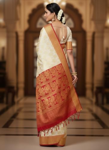 Image of NEW COLLECTION White Red Gold Border Bengali Saree for Women Traditional Kanjivaram Art Soft Silk Garad Durga Puja New Saree Trendy Banarasi Style Red Border Golden Zari Floral Red Blouse