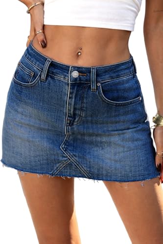 ELLEVEN Jean Skirts for Women Denim Skirt with Shorts Mini Y2k Cute Low Rise Stretch Summer Skorts Bodycon Casual Skort with Pockets Dark Blue Denim Medium