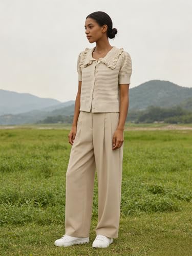 Image of VAOYIU Women's Ruffle Collar Knit Cardigan Short Sleeve Button Down Sweater Top Vintage Cropped Ribbed Summer Outerwear