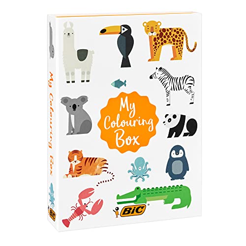 BIC My Colouring Box - Colouring Kit with 12 Markers/18 Colouring Pencils/6 Glitter Glues/1 Colouring Book and 36 Stickers