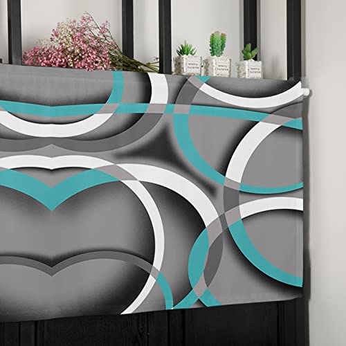 Kitchen Curtain Valance, Aqua Grey Geometric Rod Pocket Tier Curtain, Modern White Round Geometry Abstract Short Half Window Treatments For Living Room Bedroom, 54 X 18 Inch, 1 Panel #TOP6