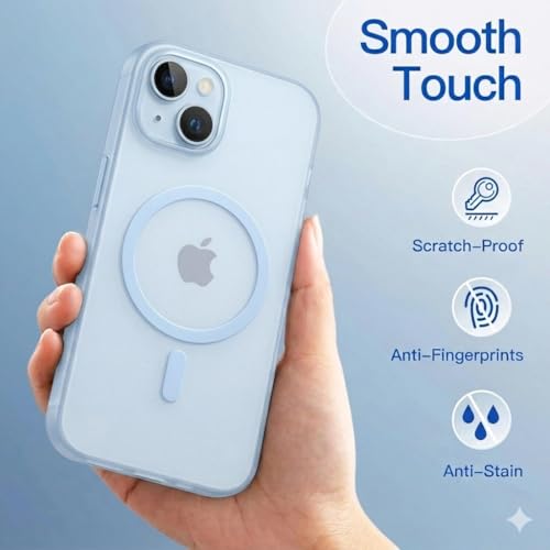 Image of DIZORO Matte Case for iPhone 15 Compatible with MagSafe, Camera Lens Full Protection, Shockproof Translucent Frosted TPU Soft Phone Cover, Anti-Fingerprint (Blue)