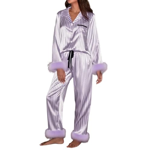 Pyjama chaud pour femme ensemble confortable à rayures en polyester