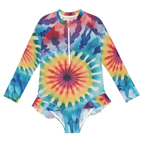 Girls One Piece Swimsuits Long Sleeve Swimsuit Zipper Bathing Suits Rainbow Tiedye V