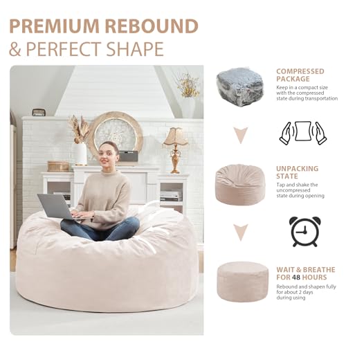 4FT Bean Bag Chair, Large Bean Bag Chairs with Memory Foam Filled, Fluffy Beanbag Sofa with Dutch Velvet Cover, Round BeanBag Chairs for Living Room, Playroom - Beige