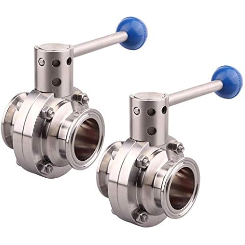 DERNORD 2 Pack 1.5 Inch Tri Clamp Sanitary Butterfly Valve with Pull Handle Stainless Steel 304 Tri Clamp Clover (1.5" Tube OD) Cover