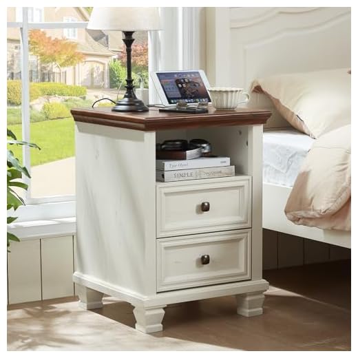 SAVOR LIFE Farmhouse Nightstand with Charging Station, Rustic White Nightstand,2 Drawers End Table for Living Room,Bedside Table with Open Shelf for Bed Room,Single,White