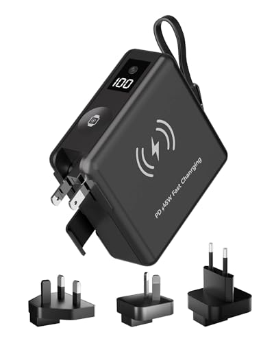 Raydyn 8in1 Travel Power Bank with 20000mAh Battery-Compatible Worldwide Adapter Plug 4 Cables PD65W Fast Charging 2 Ports USB-C/USB-A for Mobile Phones/Earphones/Watches with Storage Bag