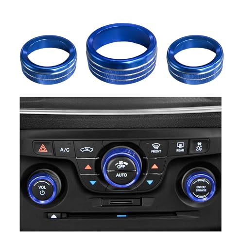 Dickno 3PCS Air Conditioner Switch Button Knob Cover, Aluminum Alloy A/C Decal Trim Rings Compatible with Dodge Challenger Durango 2015-2022, Auto Interior Decor Accessories (Blue)