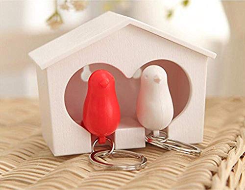 TOPWAYS Novelty Duo Spatz Vogelhaus Schlüsselanhänger und Spatzen Vogel Schlüsselanhänger (weiße und rote Vögel)