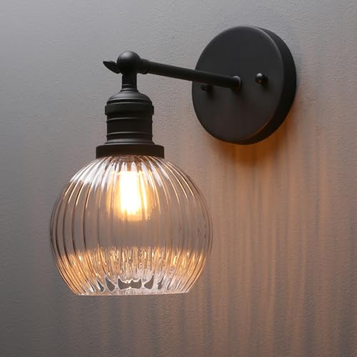 Image of PERMO Vintage Wall Sconce Indoor Adjustable Wall Sconce with Ribbed Globe Glass Shade Black Wall Light Fixtures for Hallway Bathroom Kitchen Living Room