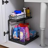 B-Land Under Sink Organizer and Storage, Metal Pull Out Kitchen Cabinet Organizer with Double Sliding Drawer, Multi-Purpose Cabinet Storage for Bathroom, Kitchen (1 Pack)