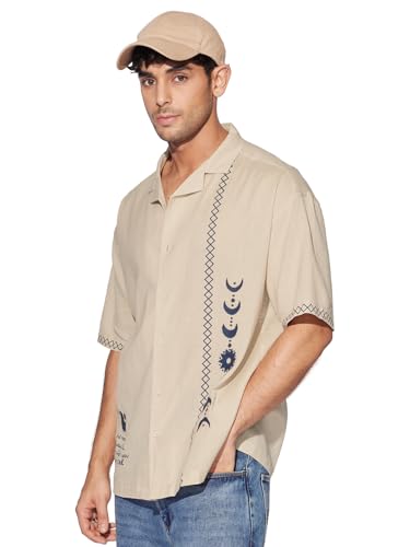 Image of The Souled Store Bloom: Believe Men and Boys Short Sleeves Collared Neck Button Front Beige Embroidered Regular Fit Cotton Shirts