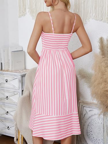 Image of Striped Sleeveless Midi Summer Dress for Women Spaghetti Strap Backless Smocked Swing Beach Dresses Rose Red