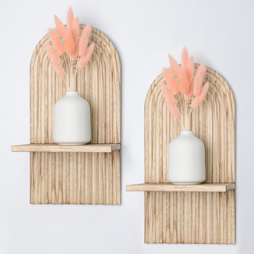 YiYa 2 pcs Étagères en Bois pour la Décoration Murale Brun Clair Étagère Murale Bohème Moderne Support Mural en Bois bohème Style étagère pour la...