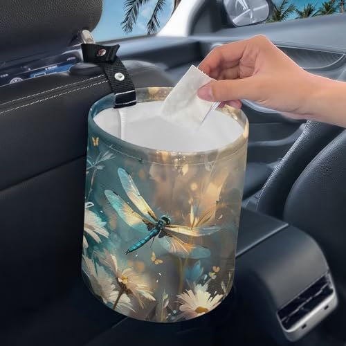 Image of Dragonfly Print Car Trash Can Collapsable, Reusable Daisy Trash Bag for Car, Waterproof Hanging Trash Bin for Car