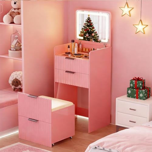 Lvifur 3 in 1 Small Vanity Desk with Plip Top Mirror,Makeup Vanity Set with Visible Glass Desktop,Compact Vanity with 3 Drawers,Storage Compartment and Padded Stool,Dressing Table for Bedroo