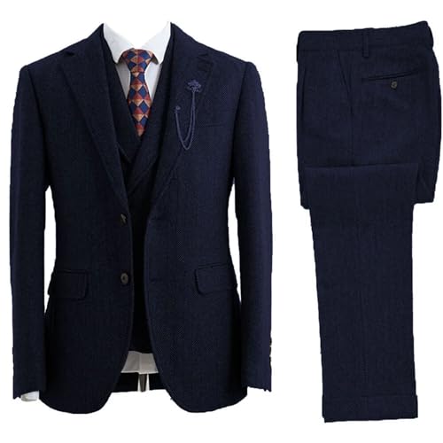 Men Elegant 3-Piece Herringbone Coarse Woolen Fabrics Customize Business Banquet Suit Blue3