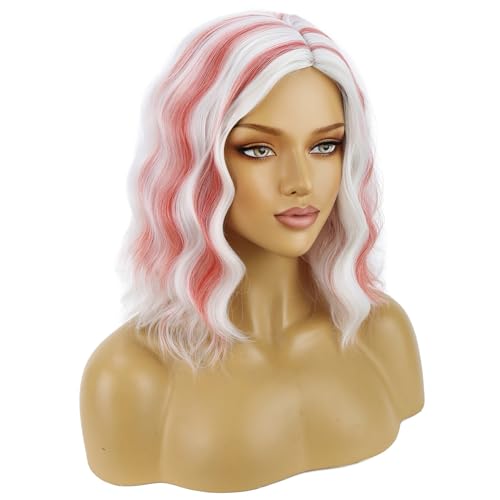 Image of BERON White and Red Short Curly Wave Wigs for Women Girls White Highlights Red Wavy Heat Resistant Synthetic Wig Cosplay Costume Party or Daily Wigs