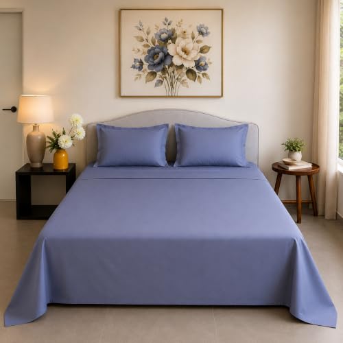 Image of Linen Home Cotton Percale Flat Bedsheet Set King Size Dark Blue