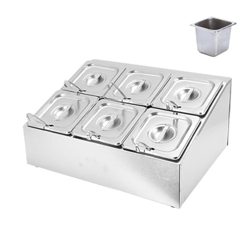Stazione per pizza con dispenser in acciaio inox e portaspezie inclinato per salse, marmellate e ingredienti per insalata, include padelle e coperchi