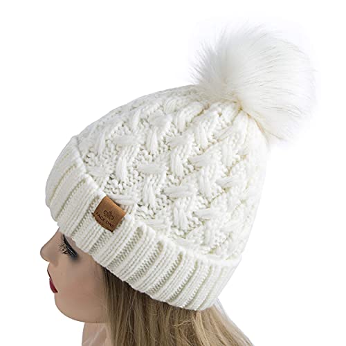 Page One BOLUO03 Womens Winter Ribbed Beanie Crossed Cap Chunky Cable Knit Pompom Soft Warm Hat White thumb #2
