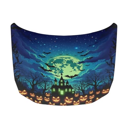 Image of Haunted House Night Sky Print Car Hood Cover Stretchable Auto Hood Wrap Blankets Waterproof Automotive Halloween Outdoor Decorations for Compact Sedans SUV Trucks Van