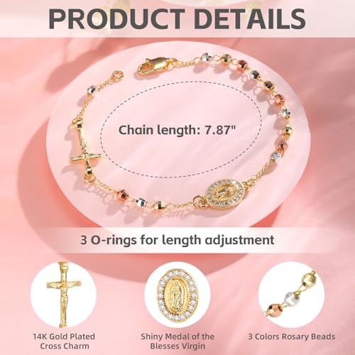 Catholic Crucifix Gifts Rosary Bracelet for Women-14K Gold Virgin Mary Jesus Cross Charm Link Chain, Dainty Virgen de Guadalupe Religious Gift for Confirmation Baptism First Communion Easter3