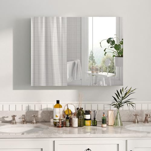 Armario de baño sin marco con espejo COSTWAY | Armario de almacenamiento de pared con 3 puertas y estantes, montaje empotrado o superficial opcional miniatura 4