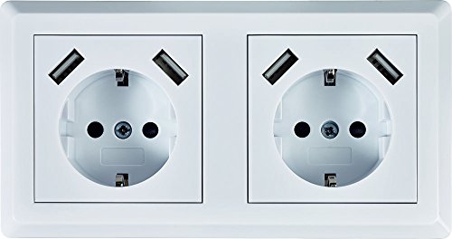 Schuko Doppelsteckdose mit je 2 x USB Ladebuchse (max. 2800mA) weiß, passt in 2-fache Unterputzdose