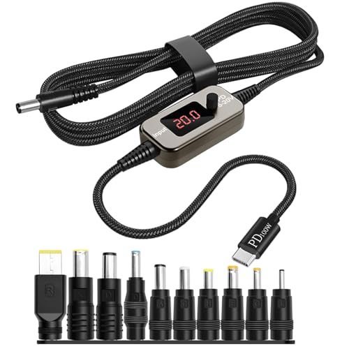 Hoembpn 100W USB-C PD do DC Adapterkabel 5A (5V/9V/12V/15V/20V Regulowane) z wtyczką 5,5×2,1mm + 10 adapterów DC, do laptopa, routera, monitora, kamery (1M kabel nylonowy)