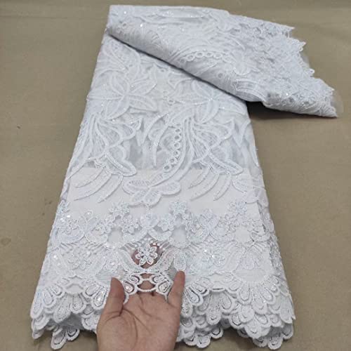 Amibric White African Lace Fabric With Sequin Lace Nigerian Embroidery Lace Fabrics For Wedding Sewing Dress - 5Yards Lace Fabrics For Bridal Sewing Materials Fabric Nigerian Lace Fabric By Yard #TOP3