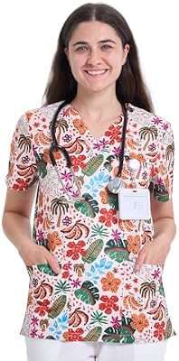 YEZEX Printed Scrub Tops for Women, V-Neck Nurse Shirt, 3 Pockets