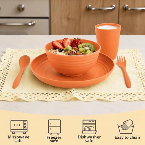 Image of Kids Wheat Straw Dinnerware Sets for 4, 20 Piece Unbreakable Dinnerware Set, Plates and Bowls Sets, Kitchen Plates and Bowls Set, Lightweight Dish Set for Picnic, Camping, and Daily - Orange