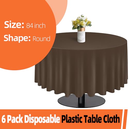 Image of tujol Brown 6 Pack Plastic Table Cloth 84 inch, Disposable Round Tablecloth Table Cover, Plastic Tablecloths for Parties