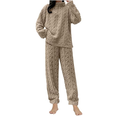 Kobilee Pigiama Donna Invernale Pile Set Caldo Pigiami Felpato Due Pezzi Abbigliamento da Casa Morbido Manica Lunga Pantalone Lungo Indumenti da Notte Lounge Sleepwear Cachi Taglia Unica