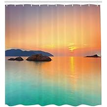 Lunarable Beach Shower Curtain, Sunrise Over The Sea in Con Dao Vietnam Colorful Sky Horizon Skyline, Cloth Fabric Bathroom Decor Set with Hooks, 105" Extra Wide, Orange Turquoise